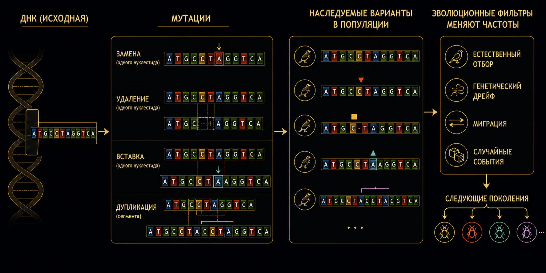 Схема мутаций ДНК и эволюционных фильтров в популяции.